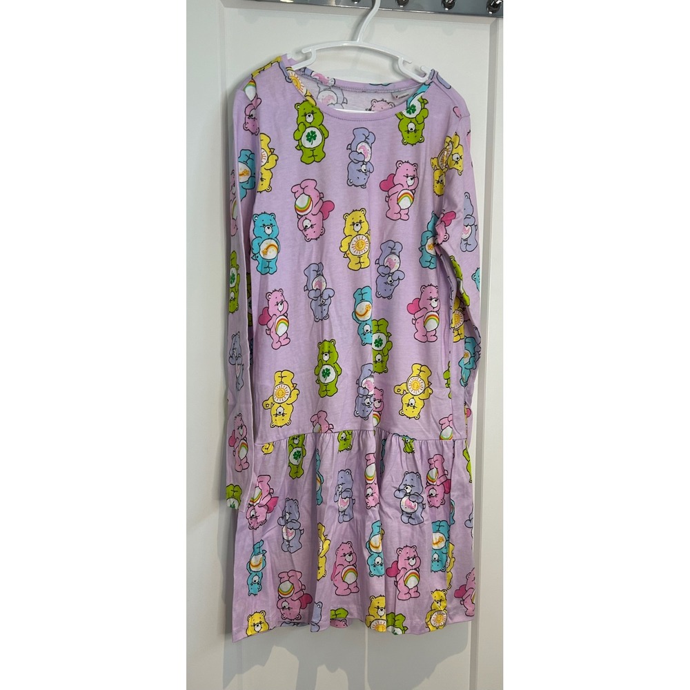 HM Care Bears Girls Purple Long Sleeve Dropped Waist Ruffle‎ Dress Size 8-10Y